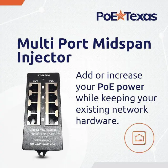 Alt view image 2 of 7 - PoE Texas 4 Port PoE Injector - Gigabit Passive Power Over Ethernet and PoE Texas 48v Power Supply - 48 Volt 60 Watt AC to DC Power Supply