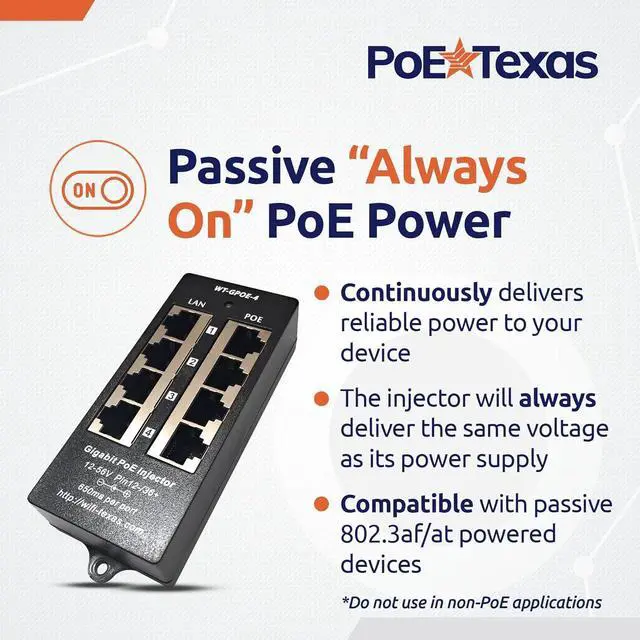 Alt view image 6 of 7 - PoE Texas 4 Port PoE Injector - Gigabit Passive Power Over Ethernet and PoE Texas 48v Power Supply - 48 Volt 60 Watt AC to DC Power Supply