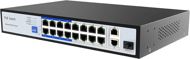Main image of ENS 18 Ports PoE Switch, 16 PoE 250W, 1000 Mbps 800 ft, Standard IEEE 802 3i/3u/3x/af/at Protocol, 30W max Power Every Single Port, Extend Mode, Perfect for IP Camera System, Wireless AP, IP Phone