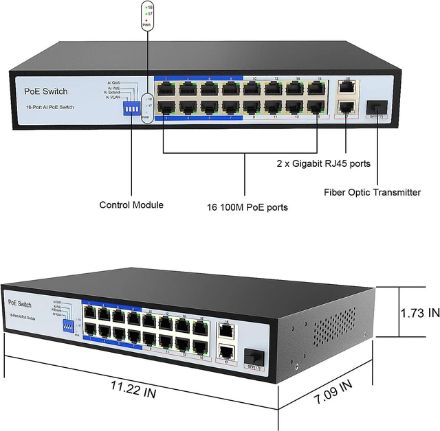 Alt view image 2 of 6 - ENS 18 Ports PoE Switch, 16 PoE 250W, 1000 Mbps 800 ft, Standard IEEE 802 3i/3u/3x/af/at Protocol, 30W max Power Every Single Port, Extend Mode, Perfect for IP Camera System, Wireless AP, IP Phone