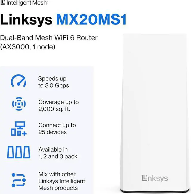 Alt view image 2 of 7 - Linksys Atlas WiFi 6 Router Home WiFi Mesh System, Dual-Band, 2,000 Sq. ft Coverage, 25+ Devices, Speeds up to (AX3000) 3.0Gbps - MX2000 1-Pack,White