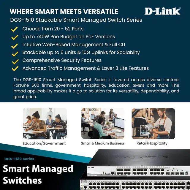 Alt view image 3 of 7 - D-Link 28-Port Gigabit Stackable Smart Managed Switch with 10G Uplinks | 24 Gigabit + 4 10GbE SFP+ Ports| L2+/L3 Lite |VLANs |Web Managed |Surveillance Mode |NDAA Compliant (DGS-1510-28X)