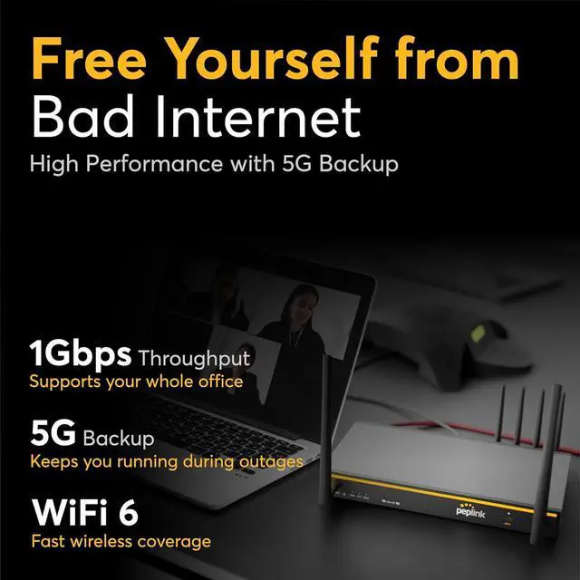 Alt view image 2 of 7 - Peplink B One 5G with Data - Gigabit Dual WAN Cellular WiFi Router for Wireless Internet - 20GB Cellular Data Plan Included - 1Gbps Throughput, Wi-Fi 6, Dual-Band, 4 LAN Ports, Supports 150 Users