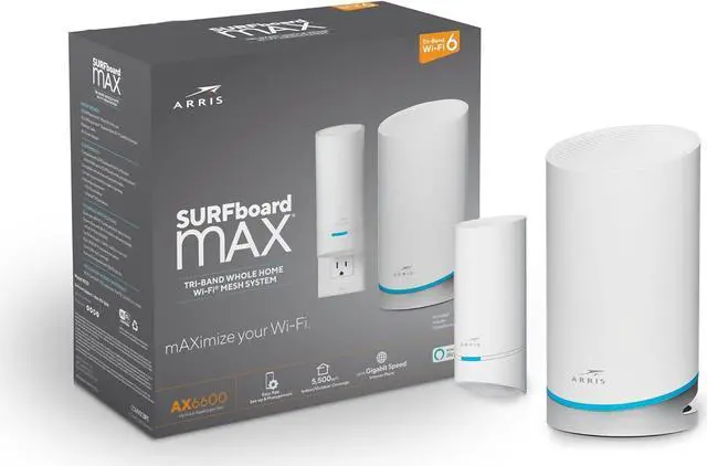 Alt view image 5 of 7 - ARRIS Surfboard mAX W122 Mesh WiFi 6 System, AX6600 Speeds up to 6.6 Gbps, Coverage 5,500 sq ft, Wall-Plug Satellite, Alexa Support