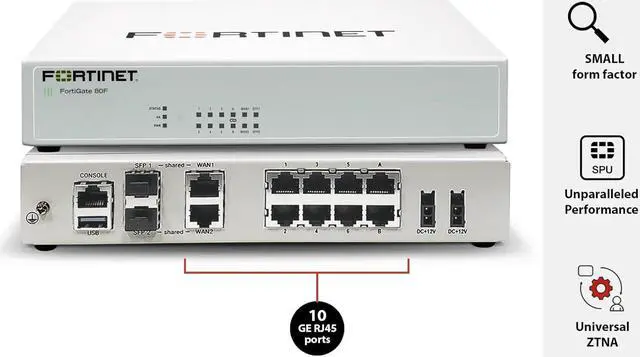 Alt view image 2 of 7 - FortiGate-80F Firewall - 8 GE RJ45 Ports, 2 RJ45/SFP Shared Media WAN Ports, Integrated WiFi-6 (802.11ax) (Appliance Only, No Subscription) (FG-80F)