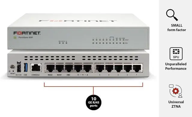 Main image of FortiGate-60F Firewall Appliance - 10 Gigabit Ethernet RJ45 Ports, Includes DMZ, WAN & Internal Ports (Appliance Only, No Subscription) (FG-60F)