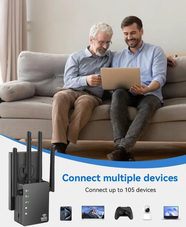 Alt view image 3 of 7 - WiFi Extender Signal Booster, Broad Coverage Up to 12880 Sq. ft and 105 Devices, WiFi Extender with 1200Mbps Dual Band 5GHz/2.4GHz, WiFi Booster with Ethernet Port, Internet Extender Booster