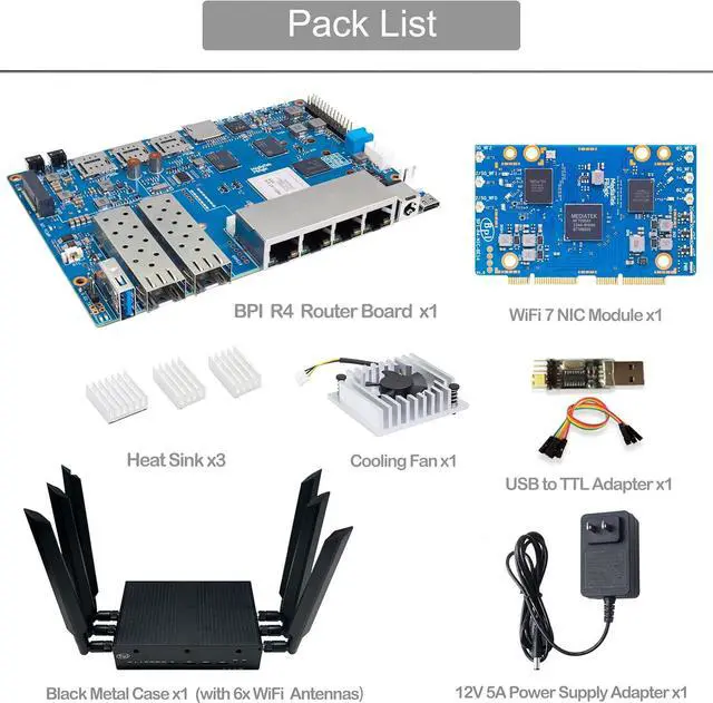Alt view image 2 of 7 - Banana Pi BPI-R4 WiFi 7 Wireless Dual-Band WiFi Router Board OpenWRT, with MediaTek MT7988A (Filogic 880) SoC, Support 2X 10GbE SFP and 4X GbE Gigabit Ethernet for NAS Smart Home Gateway (Bundle3)
