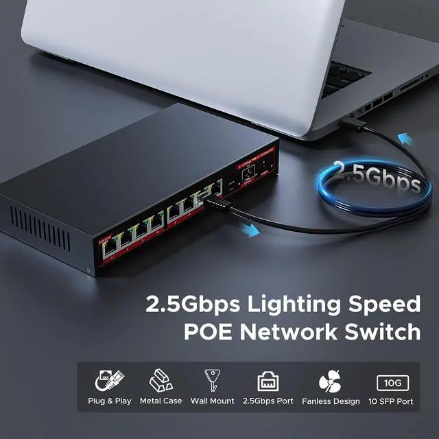 Alt view image 3 of 7 - 9 Port 2.5G PoE Switch, 8 x 2.5G Base-T PoE Ports with 1 x 10G SFP, IEEE802.3af/at, 120W Unmanaged 2.5Gb Network Switch Compatible with 100/1000/2500Mbps for AP, PC/Metal/Fanless/Wall Mountable