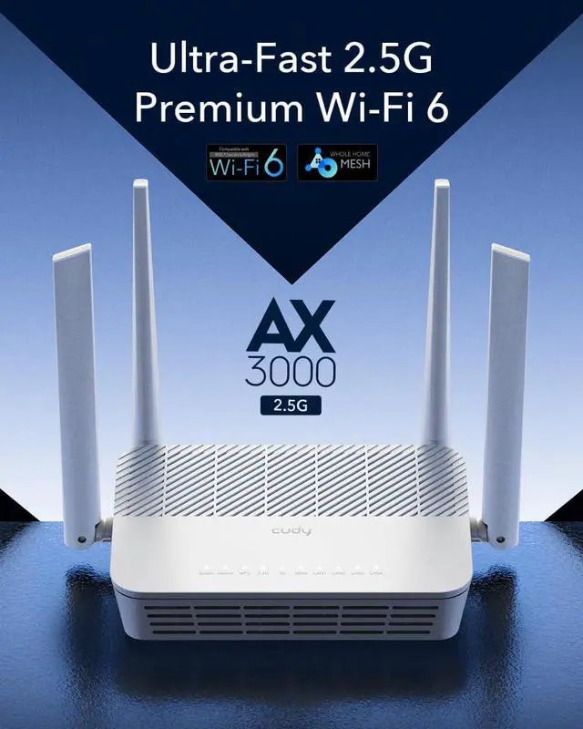 Alt view image 2 of 7 - Cudy AX3000 Multi Gigabit Dual Band WiFi 6 Mesh Router, 2.5Gbps WAN RJ45 Port, 4 Gigabit RJ45 Ports, 4 5dBi Antennas, MU-MIMO, OpenVPN, Wireguard, Zerotier, Ipsec VPN, Cloud APP