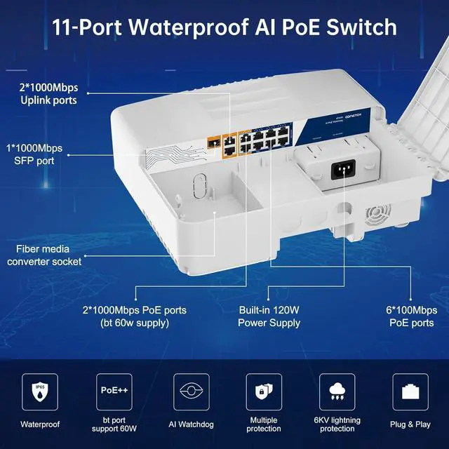 Alt view image 2 of 7 - 11 Port Outdoor PoE Switch with 2 Uplink & 1 SFP, IP65 Waterproof, 100/1000Mbps Mixed, Unmanaged, 120W Built-in Power, IEEE802.3af/at/bt, 6KV Lightning Protection, Plug & Play, All-in-one Box