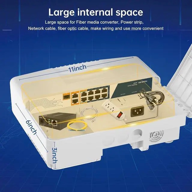 Alt view image 6 of 7 - 11 Port Outdoor PoE Switch with 2 Uplink & 1 SFP, IP65 Waterproof, 100/1000Mbps Mixed, Unmanaged, 120W Built-in Power, IEEE802.3af/at/bt, 6KV Lightning Protection, Plug & Play, All-in-one Box