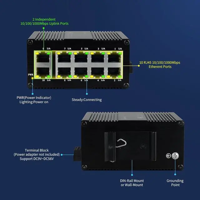 Alt view image 3 of 7 - 10-Port Gigabit Mini Unmanaged Ethernet Switch, 8 RJ45 Ports + 2 Gigabit Uplink Ports, Compatible with 10/100/1000Mbps, Din-Rail or Wall Mount, 20Gbps Backplane Bandwidth Traffic Optimization