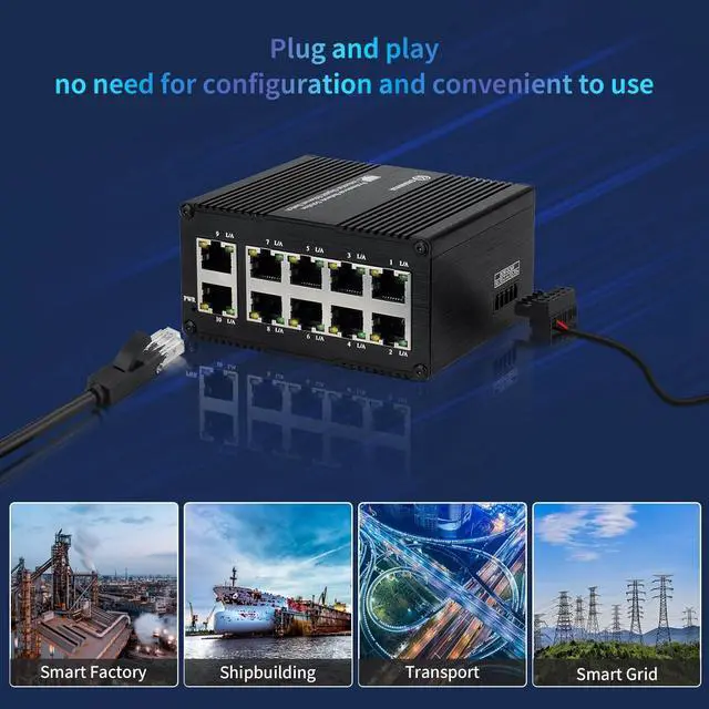 Alt view image 5 of 7 - 10-Port Gigabit Mini Unmanaged Ethernet Switch, 8 RJ45 Ports + 2 Gigabit Uplink Ports, Compatible with 10/100/1000Mbps, Din-Rail or Wall Mount, 20Gbps Backplane Bandwidth Traffic Optimization