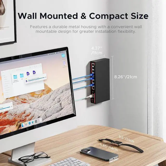 Alt view image 7 of 7 - 8 Port 2.5G Ethernet Switch with 1*10G SFP+ Slot, 9 Ports 2.5Gb Network Swithes and 1-10Gb Multi Speed, 60Gbps Switching Capacity, One Key VLAN| Plug & Play |Fanless |Metal |Wall Mount