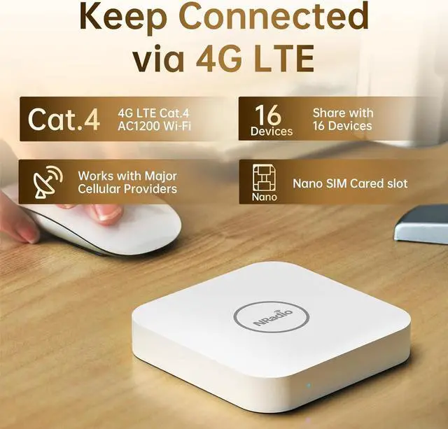 Alt view image 2 of 7 - 4G LTE Router, NRadio Portable AC1200 Dual Band Unlocked 4G Modem Router with SIM Card Slot, 6 Build-in Antennas and WiFi Speed Up to 1200Mbps, Mobile Hotspot for Travel Camping & Security Camera