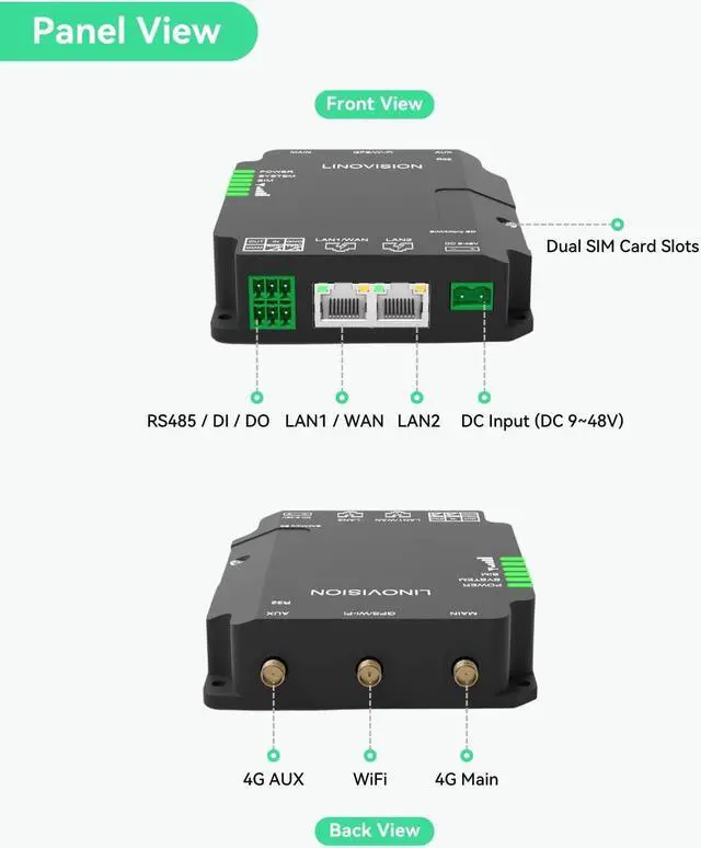 Alt view image 2 of 7 - LINOVISION Industrial 4G LTE Cat4 Cellular Router with Wi-Fi, Enhanced Signal for Remote Sites, Dual SIM Slots, DTU Gateway for RS485 devcie, IoT Sensors, Solar Power Cameras, M2M, Vehicles
