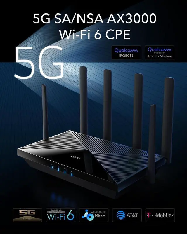 Alt view image 2 of 7 - Cudy New 5G NR SA NSA AX3000 WiFi 6 CPE Router, AX3000 Dual SIM 5G Cellular Router, Qualcomm IPQ5018, SDX62, 4 x 4 MIMO, Detachable Antennas, Band Lock, VPN, Zerotier, Cloudflare, P5
