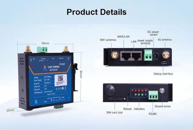 Alt view image 4 of 7 - USR-G806s-EAU 4G Industrial LTE Cellular VPN Router Open VPN Server with RS485 Serial Port WAN/LAN Ethernet Ports Standard 2FF SIM Card Slot