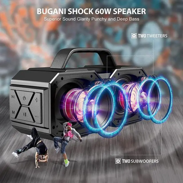 Alt view image 3 of 7 - BUGANI Shock Bluetooth Speaker, Portable Bluetooth 5.3, Waterproof, 60W Super Power, Outdoor Speaker, Black(New Model)