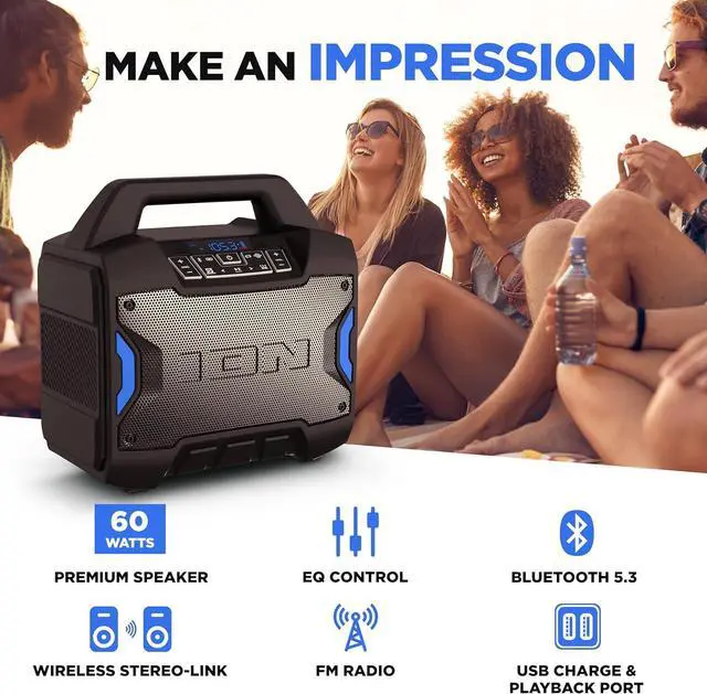 Alt view image 2 of 7 - ION Tailgater Boom - Outdoor Portable Bluetooth Speaker with Mic in, FM Radio, USB Port, Battery, IPX5 Water-Resistant, Wireless Stereo-Link, App, 60W