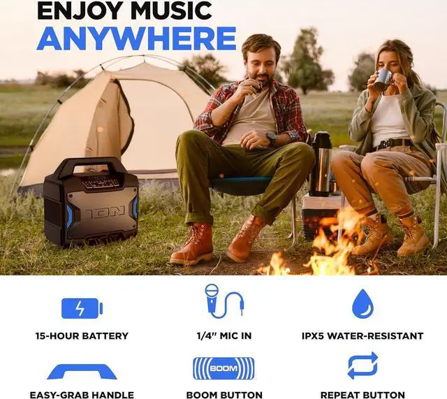 Alt view image 4 of 7 - ION Tailgater Boom - Outdoor Portable Bluetooth Speaker with Mic in, FM Radio, USB Port, Battery, IPX5 Water-Resistant, Wireless Stereo-Link, App, 60W