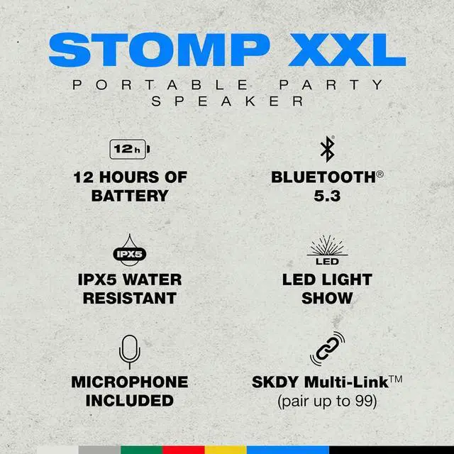 Alt view image 2 of 7 - Skullcandy Stomp XXL Bluetooth Speaker - IPX5 Waterproof Wireless Portable Speaker, 2 LED Modes, 12 Hour Battery, Multi-Link, Microphone Included, Tough Wheels & Pop-Up Handle for Easy Portability
