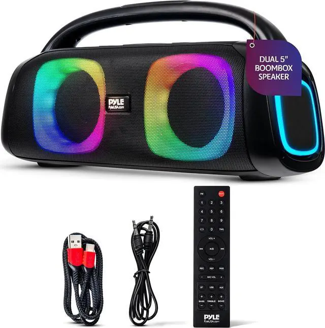 Main image of Pyle 160W Dual 5-Inch Bluetooth Boombox Speaker with True Wireless Stereo  Deep Bass, Crisp Treble, LED Display, Built-in Rechargeable Batteries  Large Portable Bluetooth Speaker