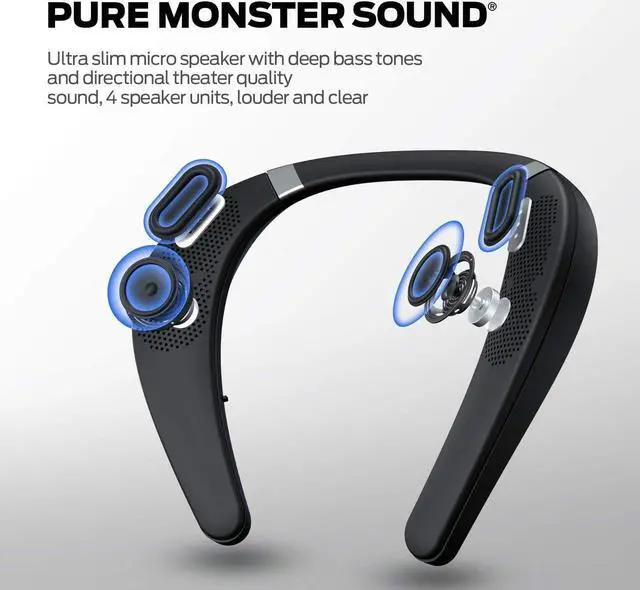 Alt view image 2 of 7 - Monster Boomerang Neckband Bluetooth Speaker - Wireless Wearable Speaker with 12H Playtime, IPX7 Waterproof, True 3D Stereo Sound for Home, Sport, Outdoor - Black