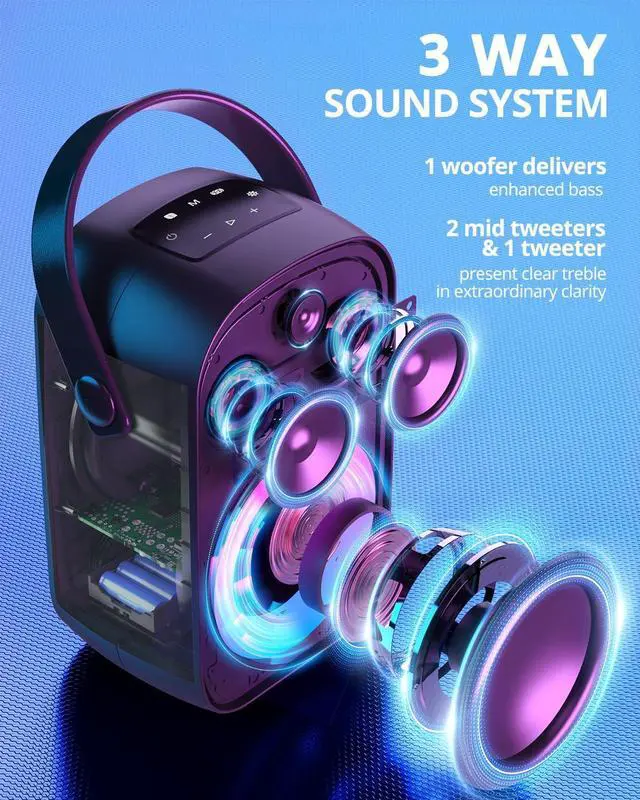 Alt view image 3 of 7 - Tronsmart Halo 100 Portable Party Bluetooth Speaker, 3 Way Sound System, Stereo Pairing, Light Show, IPX6 Waterproof, 18H Playtime, Custom EQ & Bass Up for Party, Tailgating, Backyard, Pool, Outdoor
