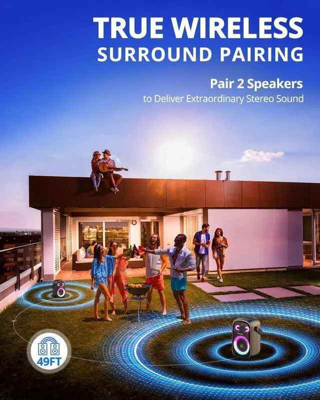 Alt view image 5 of 7 - Tronsmart Halo 100 Portable Party Bluetooth Speaker, 3 Way Sound System, Stereo Pairing, Light Show, IPX6 Waterproof, 18H Playtime, Custom EQ & Bass Up for Party, Tailgating, Backyard, Pool, Outdoor
