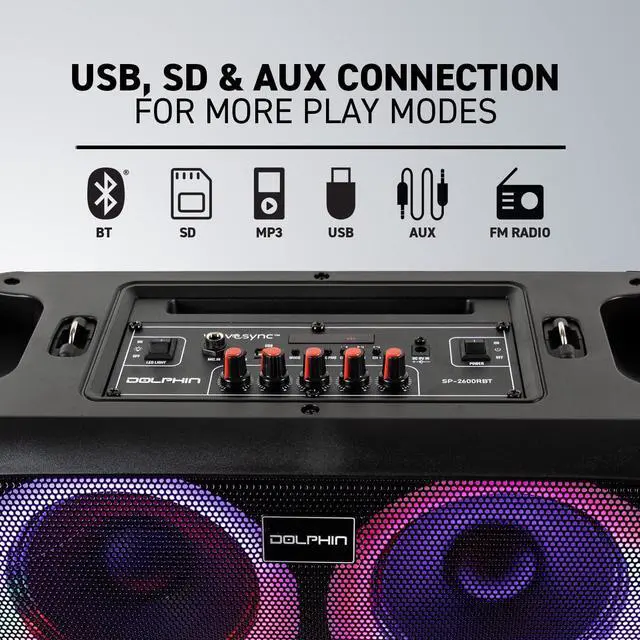 Alt view image 2 of 7 - Dolphin Boombox Portable Bluetooth Speaker - Crisp Sound - Dual 6.5" Woofer, 1" Tweeter