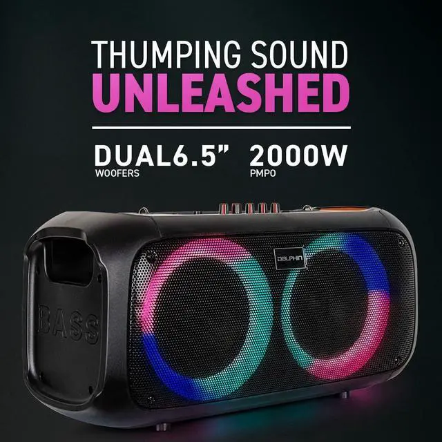 Alt view image 4 of 7 - Dolphin Boombox Portable Bluetooth Speaker - Crisp Sound - Dual 6.5" Woofer, 1" Tweeter