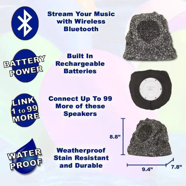 Alt view image 2 of 7 - Theater Solutions by Goldwood B41GG Wireless Rechargeable Bluetooth Outdoor Rock Speaker System - Granite Gray, Set of 2, 120 Watts