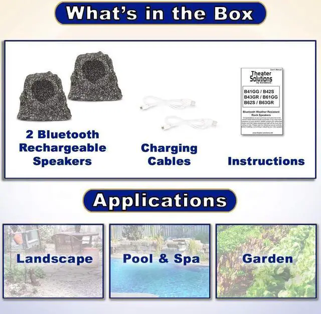 Alt view image 5 of 7 - Theater Solutions by Goldwood B41GG Wireless Rechargeable Bluetooth Outdoor Rock Speaker System - Granite Gray, Set of 2, 120 Watts