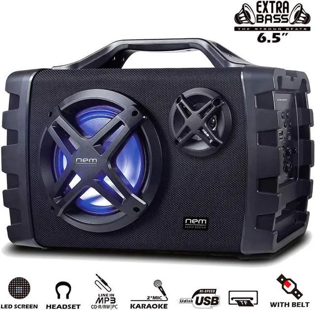 Alt view image 2 of 7 - NEM Mobi7e Portable Wireless Bluetooth High Performance Stereo Speaker Extra Bass, USB Recording, Rechargeable Battery, AUX and TF Card Input, FM Radio, MP3, Mic and Guitar Input, LED Lights (Black)