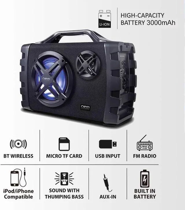 Alt view image 3 of 7 - NEM Mobi7e Portable Wireless Bluetooth High Performance Stereo Speaker Extra Bass, USB Recording, Rechargeable Battery, AUX and TF Card Input, FM Radio, MP3, Mic and Guitar Input, LED Lights (Black)