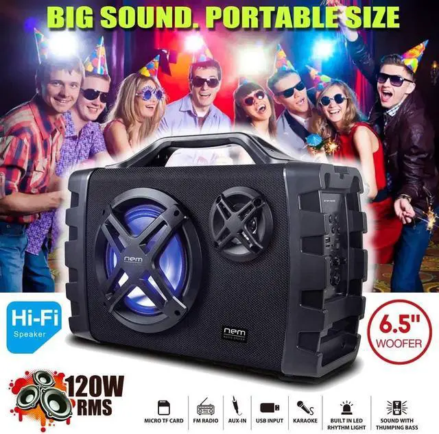 Alt view image 4 of 7 - NEM Mobi7e Portable Wireless Bluetooth High Performance Stereo Speaker Extra Bass, USB Recording, Rechargeable Battery, AUX and TF Card Input, FM Radio, MP3, Mic and Guitar Input, LED Lights (Black)