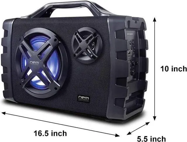 Alt view image 7 of 7 - NEM Mobi7e Portable Wireless Bluetooth High Performance Stereo Speaker Extra Bass, USB Recording, Rechargeable Battery, AUX and TF Card Input, FM Radio, MP3, Mic and Guitar Input, LED Lights (Black)