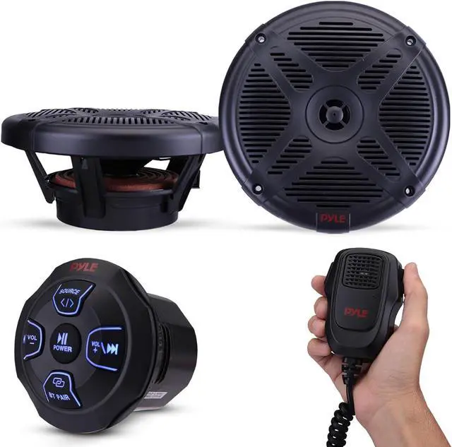 Main image of Pyle Marine Bluetooth Receiver Speaker Kit - Waterproof Audio Entertainment System Set w/Dual 6.5" Boat Speakers, Wireless BT Controller, Compact Handheld Broadcasting Microphone (Black)