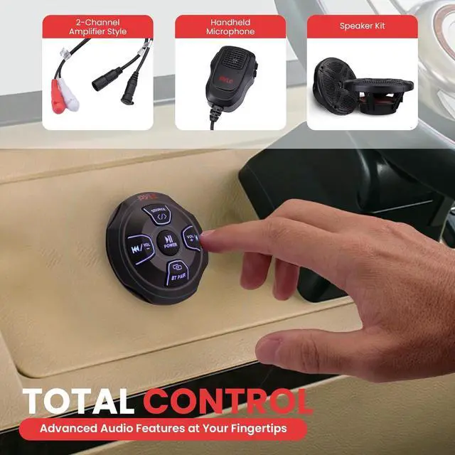 Alt view image 4 of 7 - Pyle Marine Bluetooth Receiver Speaker Kit - Waterproof Audio Entertainment System Set w/Dual 6.5" Boat Speakers, Wireless BT Controller, Compact Handheld Broadcasting Microphone (Black)