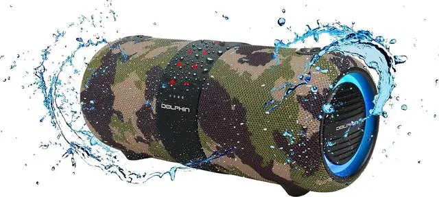 Main image of Dolphin LX-60 Camo Bluetooth Speaker Boombox - Waterproof, Dual 3" Woofers, Color-Changing Lights, TWS Technology, Includes Shoulder Strap