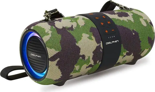 Alt view image 2 of 5 - Dolphin LX-60 Camo Bluetooth Speaker Boombox - Waterproof, Dual 3" Woofers, Color-Changing Lights, TWS Technology, Includes Shoulder Strap