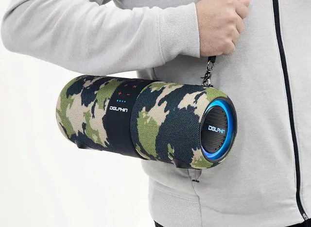 Alt view image 3 of 5 - Dolphin LX-60 Camo Bluetooth Speaker Boombox - Waterproof, Dual 3" Woofers, Color-Changing Lights, TWS Technology, Includes Shoulder Strap