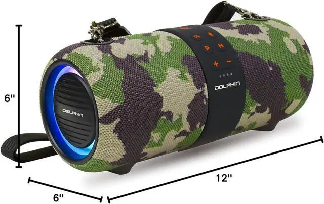 Alt view image 5 of 5 - Dolphin LX-60 Camo Bluetooth Speaker Boombox - Waterproof, Dual 3" Woofers, Color-Changing Lights, TWS Technology, Includes Shoulder Strap
