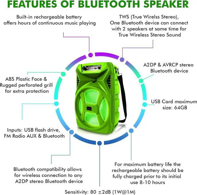 Alt view image 4 of 7 - Technical Pro (Qty 2) 500 Watts Portable 8 Inch Bluetooth Speaker with Woofer & Tweeter - Festival PA LED Speaker with Bluetooth/USB Card Inputs, & True Wireless Stereo (Green)