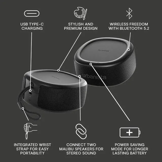 Alt view image 5 of 7 - Urbanista Malibu Small Solar Bluetooth Speaker, 20W Wireless Portable Speaker, Infinite Playtime, IP67 Waterproof Speaker for Outdoor, Travel, Dual Pairing Speakers for iPhone, Samsung & More, Black