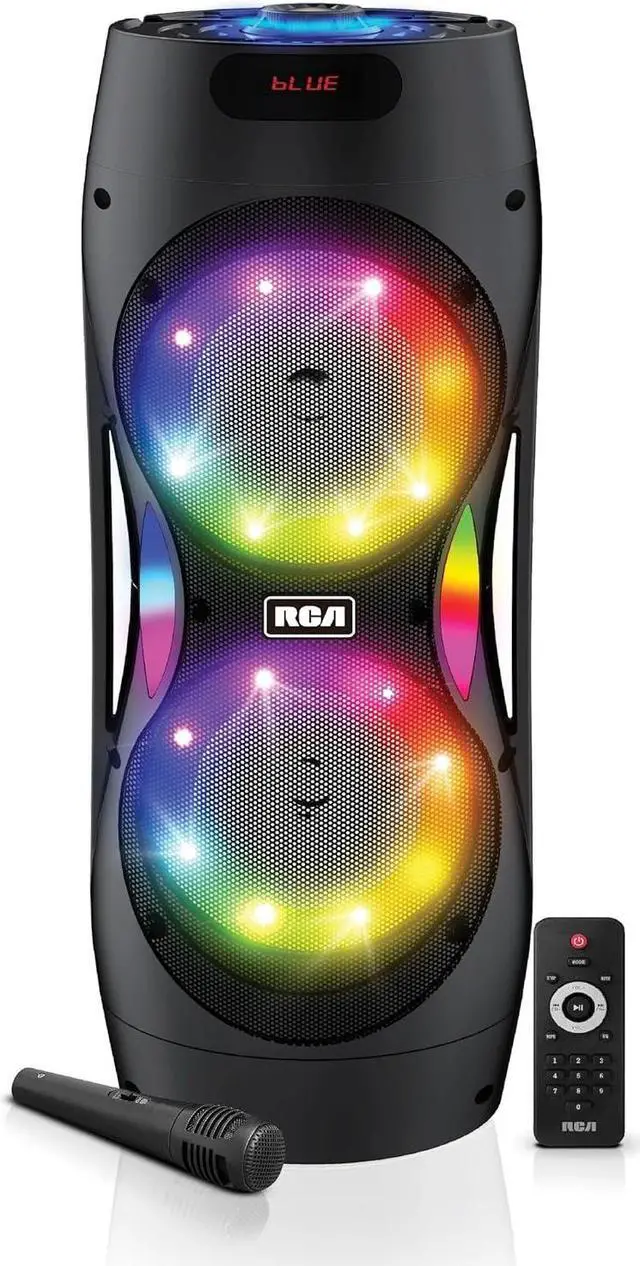 Main image of RCA Disco 206 RGB Bluetooth Speaker, Dual 6.5" Sub Woofer, 7-Color LED Lights, Customizable Audio Controls, USB, SD Card, FM Radio, Built-in Trolley & Wheels, Karaoke Microphone Included