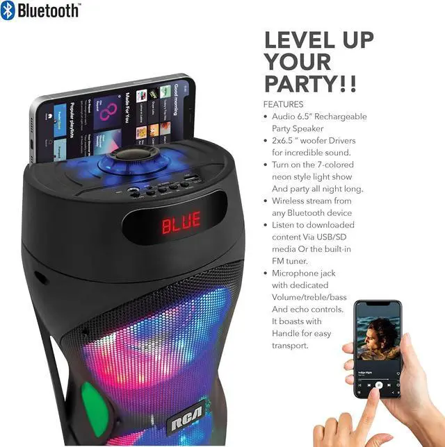 Alt view image 2 of 7 - RCA Disco 206 RGB Bluetooth Speaker, Dual 6.5" Sub Woofer, 7-Color LED Lights, Customizable Audio Controls, USB, SD Card, FM Radio, Built-in Trolley & Wheels, Karaoke Microphone Included