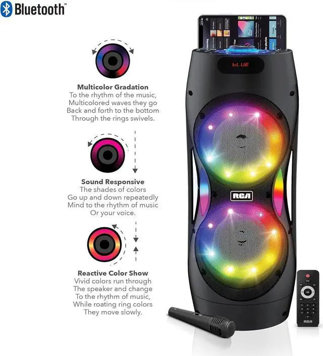 Alt view image 4 of 7 - RCA Disco 206 RGB Bluetooth Speaker, Dual 6.5" Sub Woofer, 7-Color LED Lights, Customizable Audio Controls, USB, SD Card, FM Radio, Built-in Trolley & Wheels, Karaoke Microphone Included